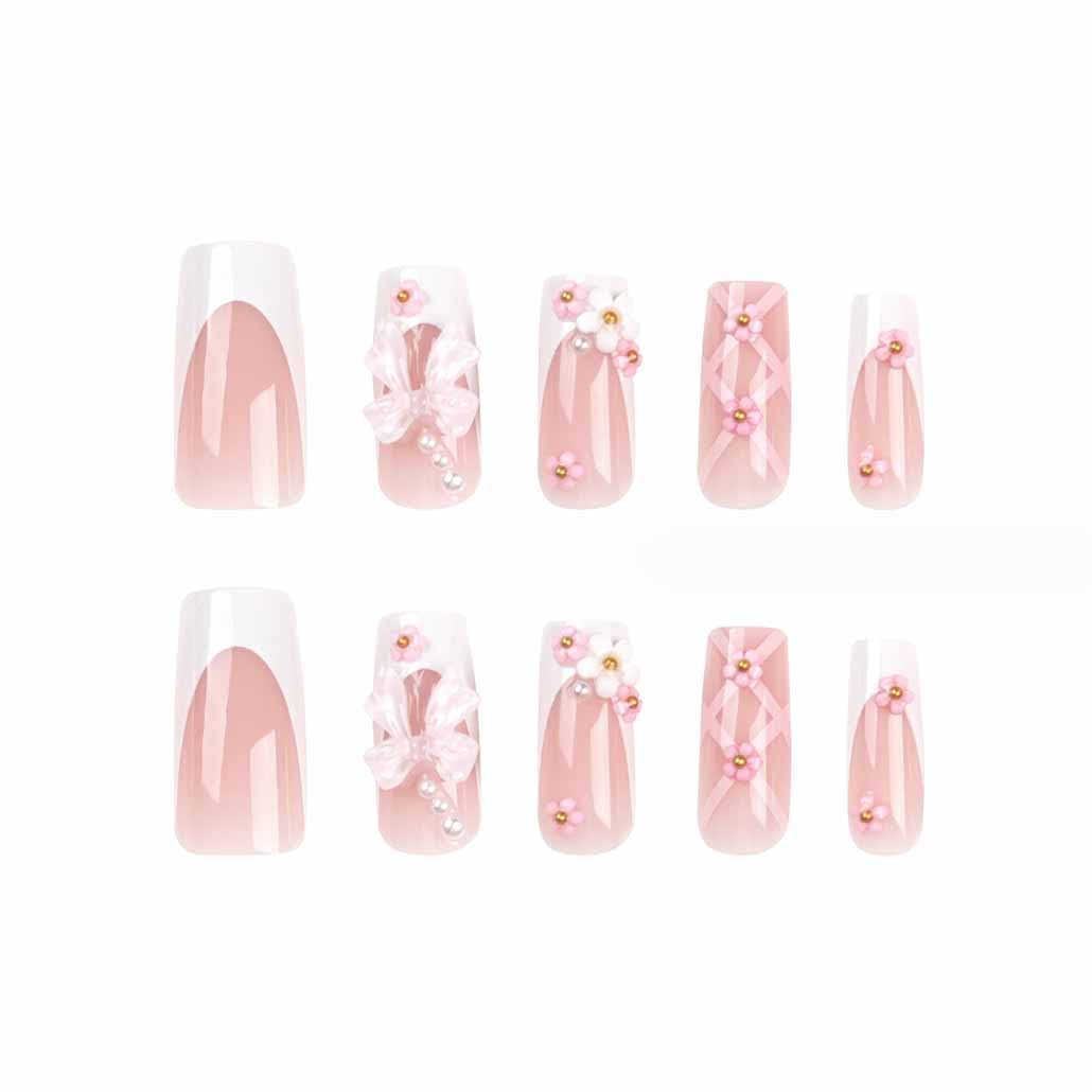 Foccna Press on Nails Medium Long Rhinestone Pink Fake Nails Square Bling Glossy 3D False Nail Tips Artificial Nails Finger Manicure for Women and Girls-24pcs : Beauty & Personal Care