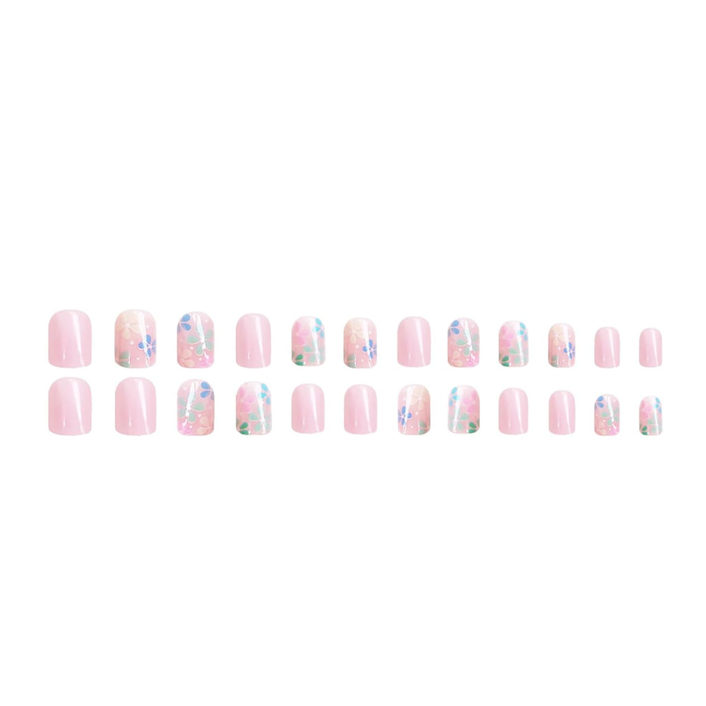 24Pcs Colorful Flower Press-On Nails - Short. Square. Fake. Spring-Summer Nail Art Set. Light Pink Acrylic. Full Cover Glossy False Nails for Women & Girls : Beauty & Personal Care