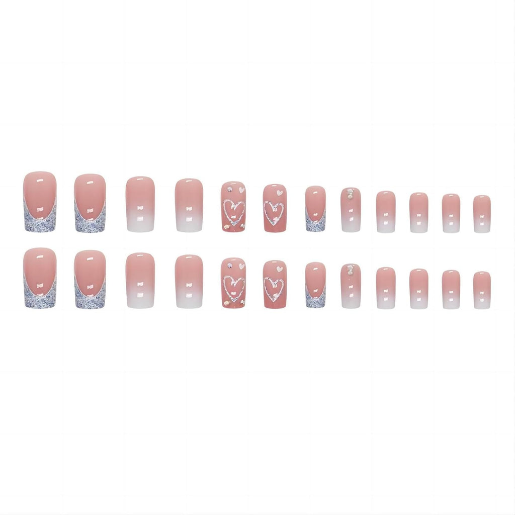 RUOKEXIN Heart Press On Nails Medium Square Fake Nails Glitter Glossy Acrylic False Nails with Rhinestones Designs Ombre Pink Full Cover Press Ons Fall Winter Holiday Stick on Nails for Women 24Pcs : Beauty & Personal Care