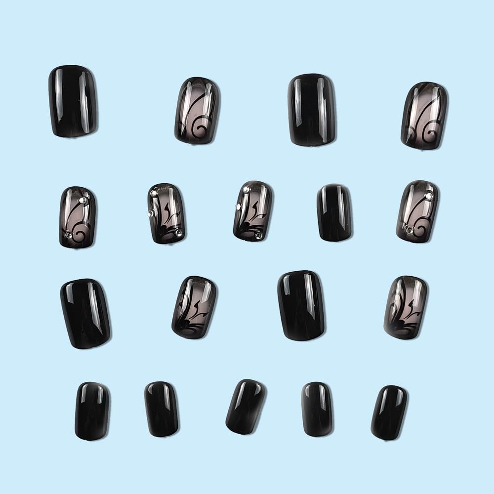 OHWODA Black Press on Nails Short Square Fake Nails Black Vine Acrylic Glue on Nails Full Cover Glossy Nails Press ons Short Stick on Nails Summer Artificial Nails for Women Girls - 24Pcs : Beauty & Personal Care