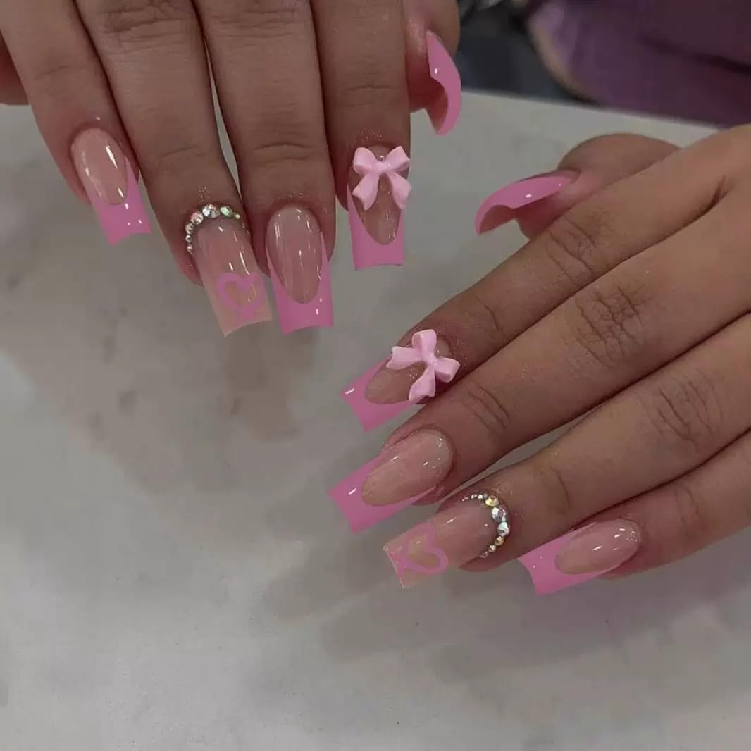 CTTHNBD Medium Press on Nails Coffin - Black French Tip Fake Nails with Bow Charms Design - Heart False Nails Press ons - for Women 24 Pcs : Beauty & Personal Care