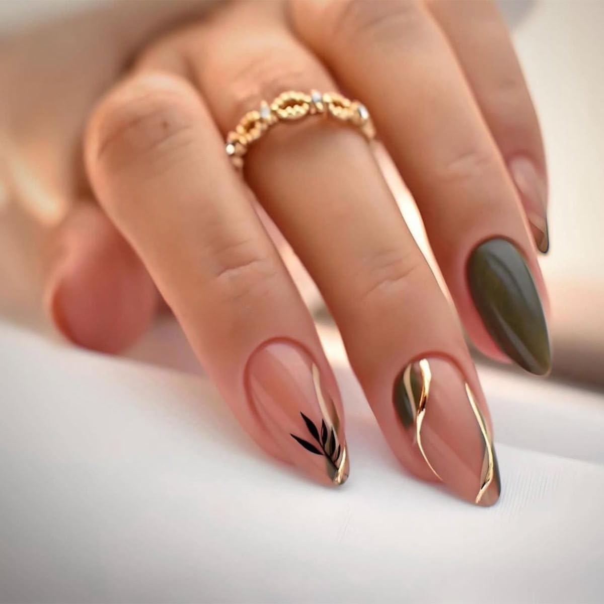 CTTHNBD Press on Nails Almond - French Tip Fake Nails with Gold Line Design - Medium Fasle Nails Press ons - for Women 24 Pcs : Beauty & Personal Care