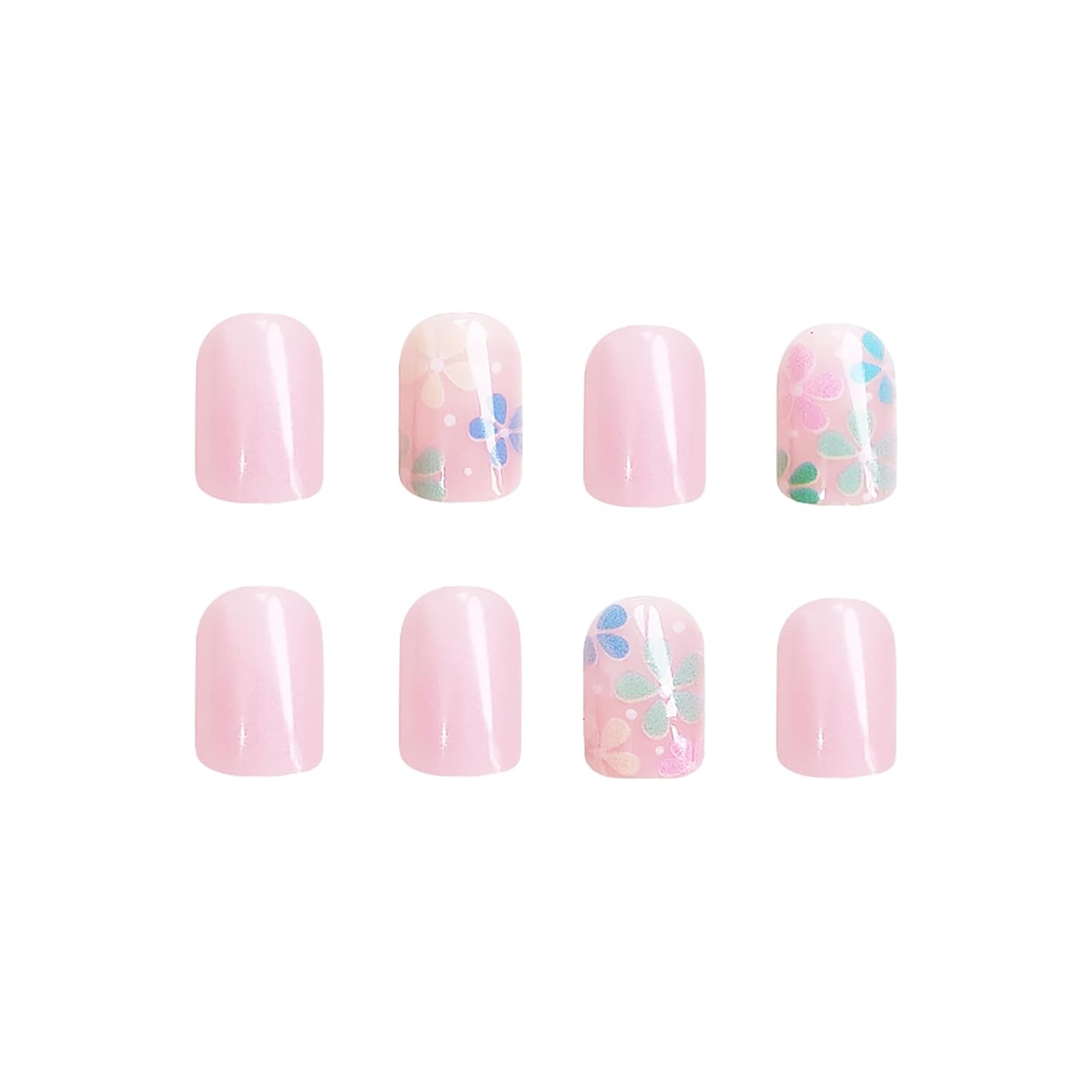24Pcs Colorful Flower Press-On Nails - Short. Square. Fake. Spring-Summer Nail Art Set. Light Pink Acrylic. Full Cover Glossy False Nails for Women & Girls : Beauty & Personal Care