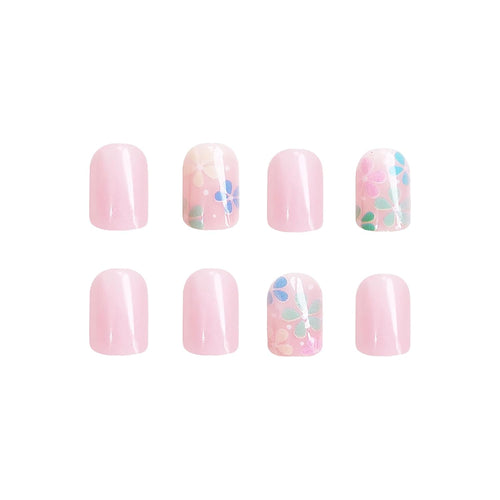 24Pcs Colorful Flower Press-On Nails - Short. Square. Fake. Spring-Summer Nail Art Set. Light Pink Acrylic. Full Cover Glossy False Nails for Women & Girls : Beauty & Personal Care