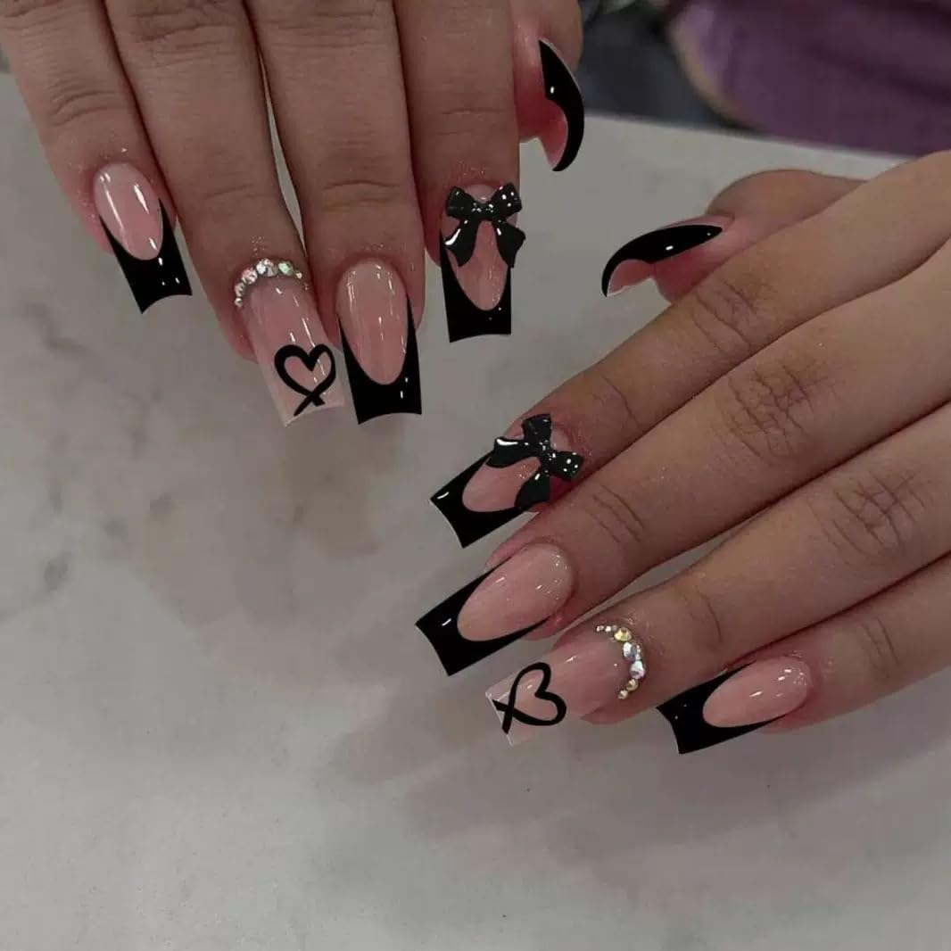 CTTHNBD Medium Press on Nails Coffin - Black French Tip Fake Nails with Bow Charms Design - Heart False Nails Press ons - for Women 24 Pcs : Beauty & Personal Care