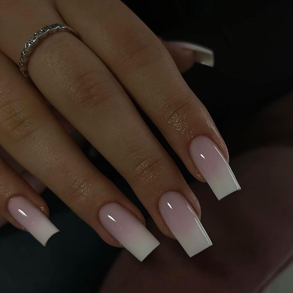KQueenest Ombre Pink Press on Nails Long Square Shaped Gradient French Fake Nails Press Ons. Natural Gel Square Tips - 24 Pcs Coffin Acrylic False Nails Set for Women Daily Wear : Beauty & Personal Care