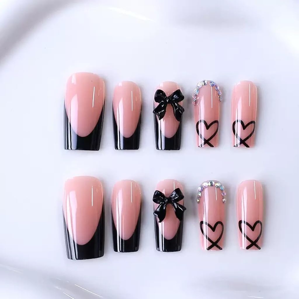 CTTHNBD Medium Press on Nails Coffin - Black French Tip Fake Nails with Bow Charms Design - Heart False Nails Press ons - for Women 24 Pcs : Beauty & Personal Care