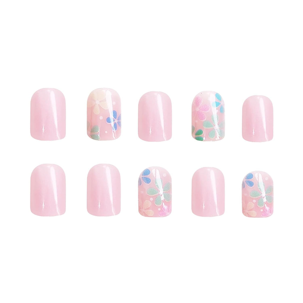 24Pcs Colorful Flower Press-On Nails - Short. Square. Fake. Spring-Summer Nail Art Set. Light Pink Acrylic. Full Cover Glossy False Nails for Women & Girls : Beauty & Personal Care