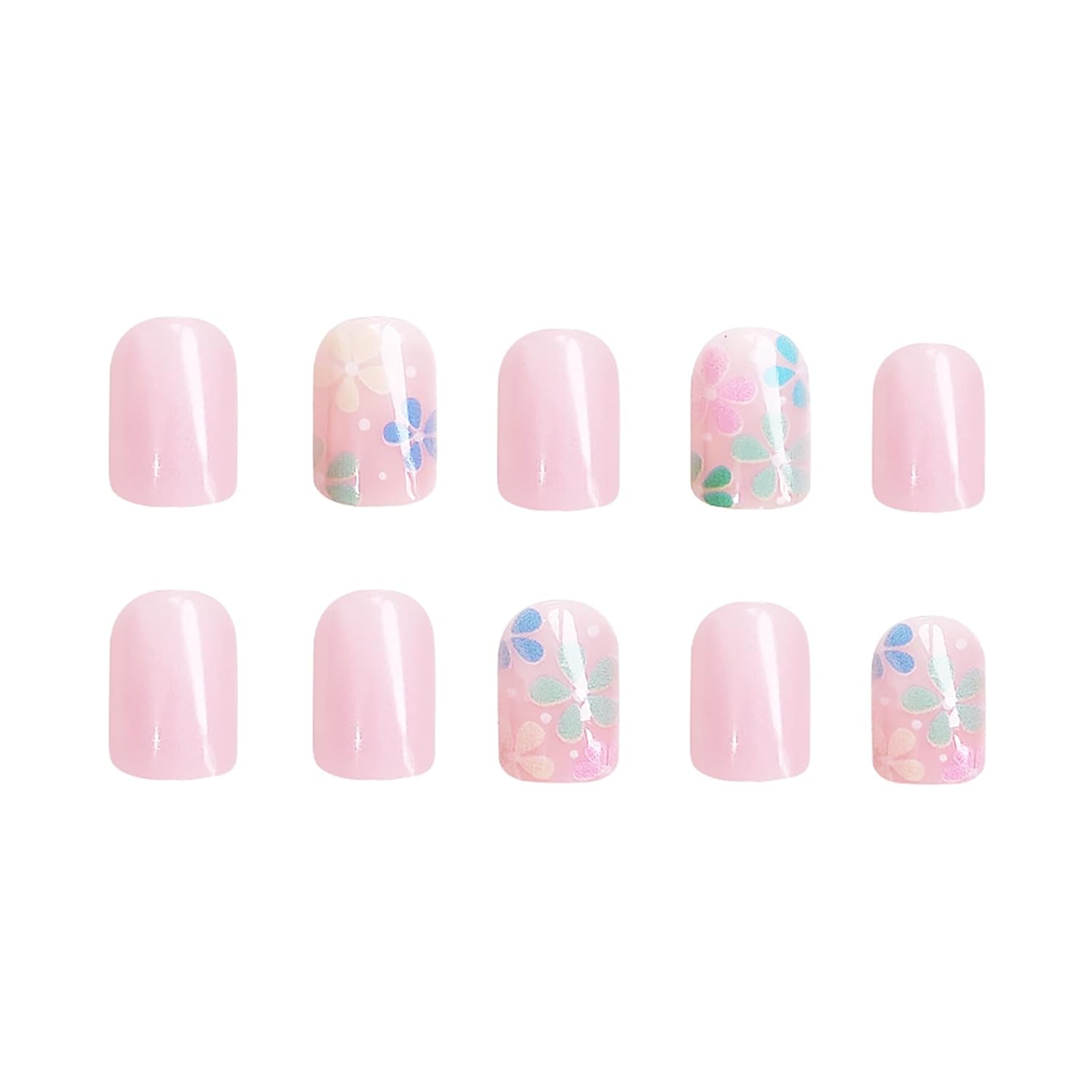 24Pcs Colorful Flower Press-On Nails - Short. Square. Fake. Spring-Summer Nail Art Set. Light Pink Acrylic. Full Cover Glossy False Nails for Women & Girls : Beauty & Personal Care