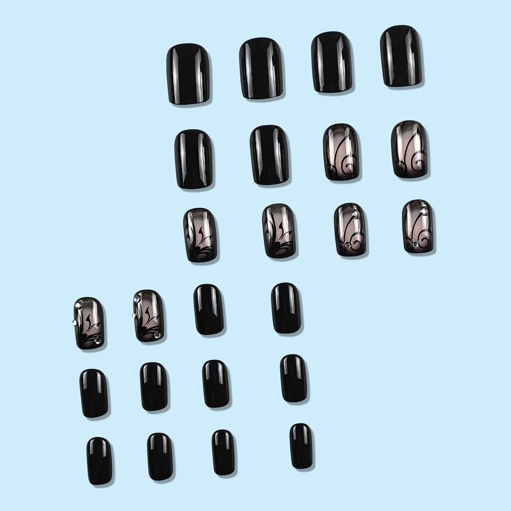 OHWODA Black Press on Nails Short Square Fake Nails Black Vine Acrylic Glue on Nails Full Cover Glossy Nails Press ons Short Stick on Nails Summer Artificial Nails for Women Girls - 24Pcs : Beauty & Personal Care