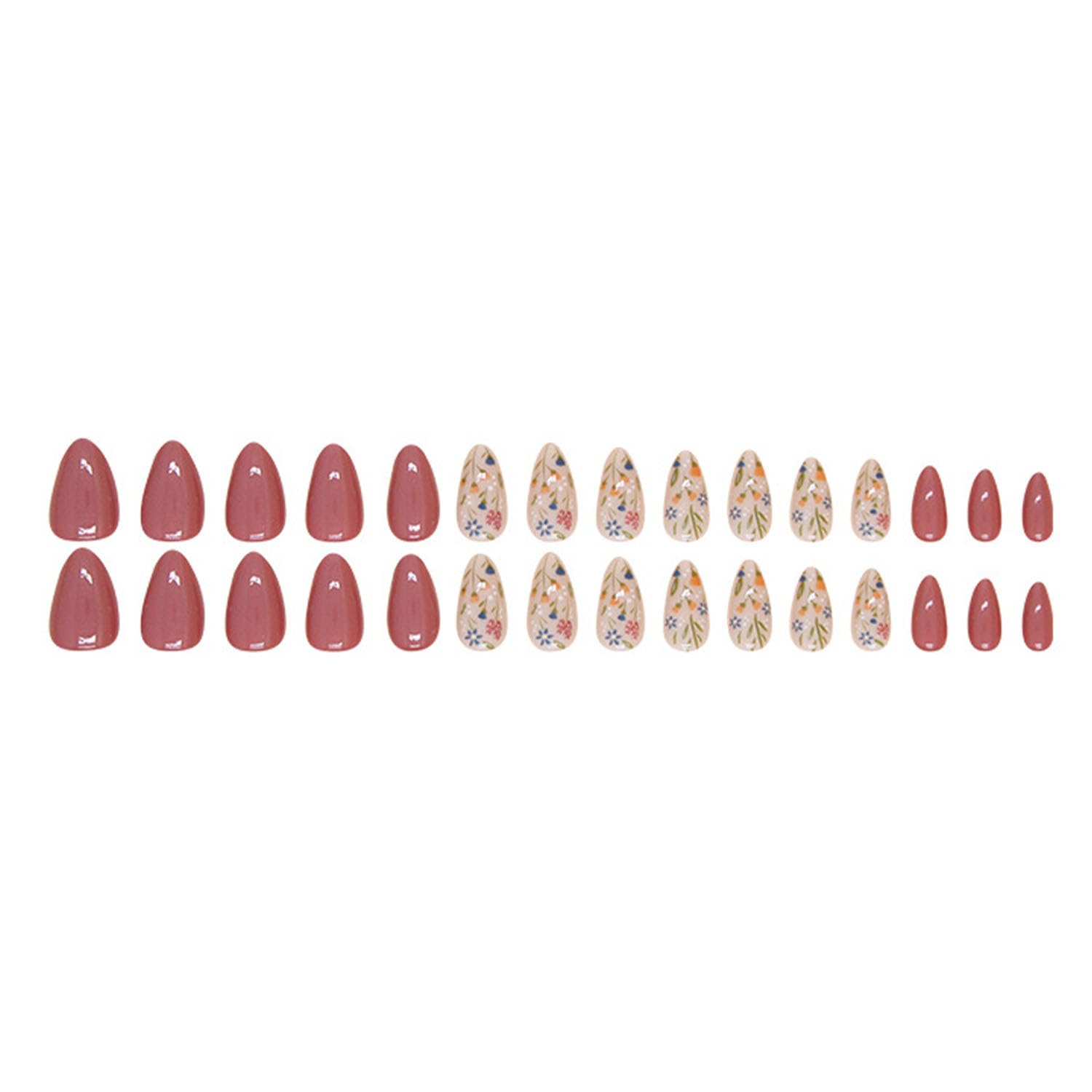Short Press On Almond Fake Nails - Flower Acrylic Fall Nails Press Ons Full Cover Glue On Cute False Floral Stick On Nails for Women - 30 Pcs : Beauty & Personal Care