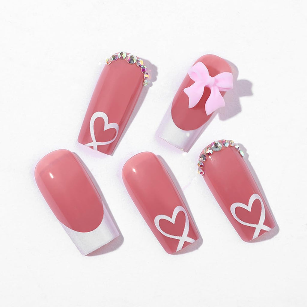 YKZFUI French Tip Press on Nails with Charms. Medium. Cute Bow. Long Square Shape. Acrylic Fake Stick On Nails with Heart and Rhinestones for Women Daily Wear. White : Beauty & Personal Care