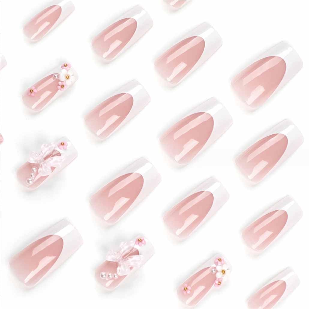 Foccna Press on Nails Medium Long Rhinestone Pink Fake Nails Square Bling Glossy 3D False Nail Tips Artificial Nails Finger Manicure for Women and Girls-24pcs : Beauty & Personal Care