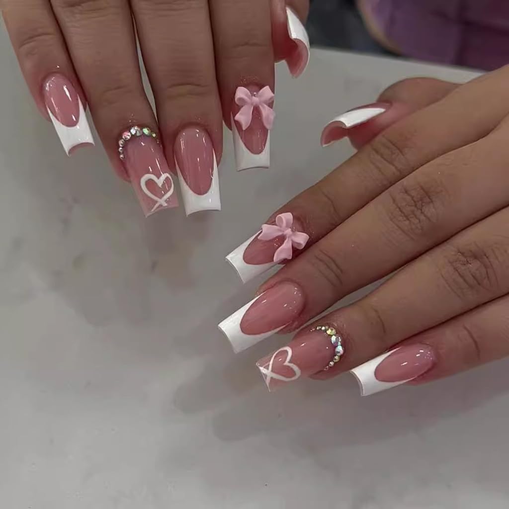 CTTHNBD Medium Press on Nails Coffin - Black French Tip Fake Nails with Bow Charms Design - Heart False Nails Press ons - for Women 24 Pcs : Beauty & Personal Care