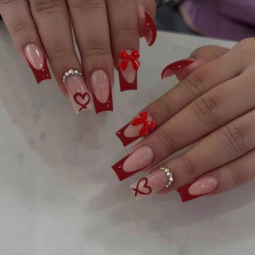 CTTHNBD Medium Press on Nails Coffin - Black French Tip Fake Nails with Bow Charms Design - Heart False Nails Press ons - for Women 24 Pcs : Beauty & Personal Care