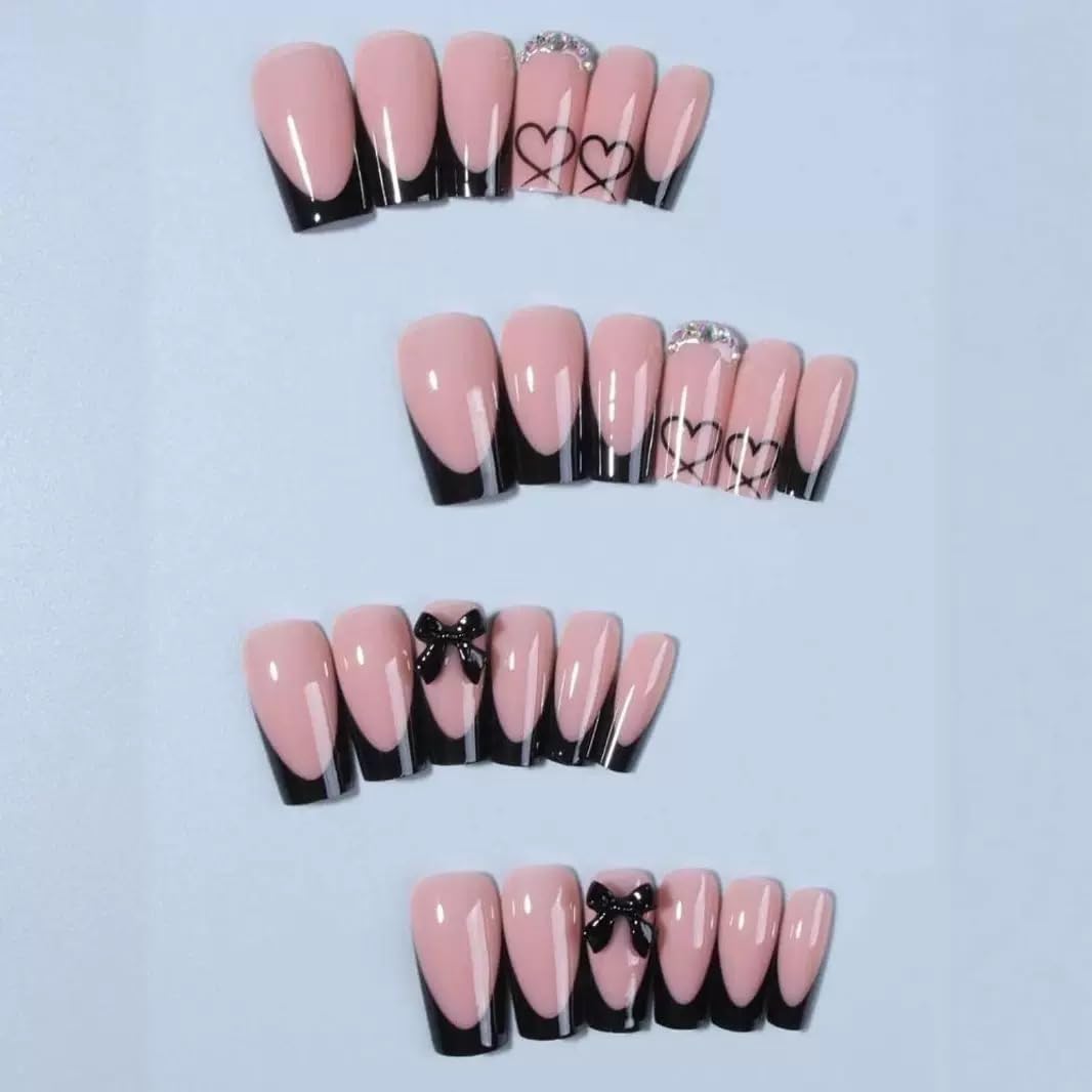 CTTHNBD Medium Press on Nails Coffin - Black French Tip Fake Nails with Bow Charms Design - Heart False Nails Press ons - for Women 24 Pcs : Beauty & Personal Care