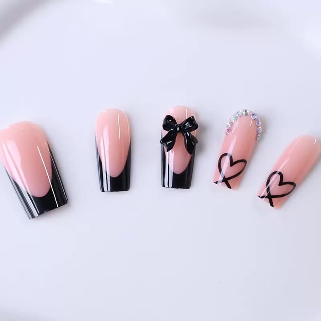 CTTHNBD Medium Press on Nails Coffin - Black French Tip Fake Nails with Bow Charms Design - Heart False Nails Press ons - for Women 24 Pcs : Beauty & Personal Care