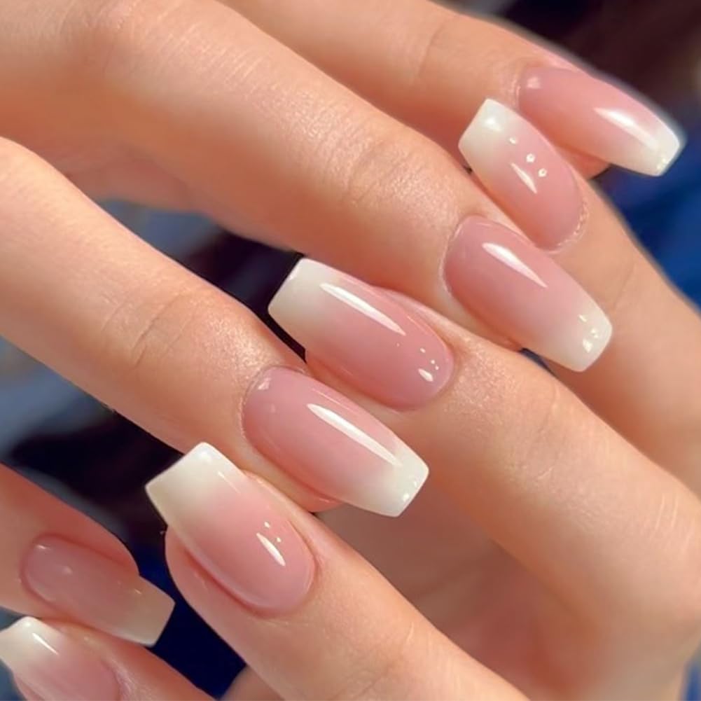 WAFOLOZE Nails Press ons.White Ombre Short Square Press on Nails Fake Nails Glossy Acrylic Artificial Nails Stick on Nails for Women 24Pcs : Beauty & Personal Care