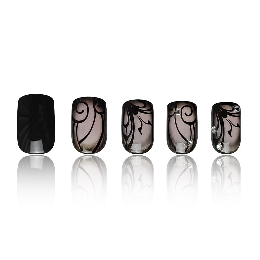 OHWODA Black Press on Nails Short Square Fake Nails Black Vine Acrylic Glue on Nails Full Cover Glossy Nails Press ons Short Stick on Nails Summer Artificial Nails for Women Girls - 24Pcs : Beauty & Personal Care