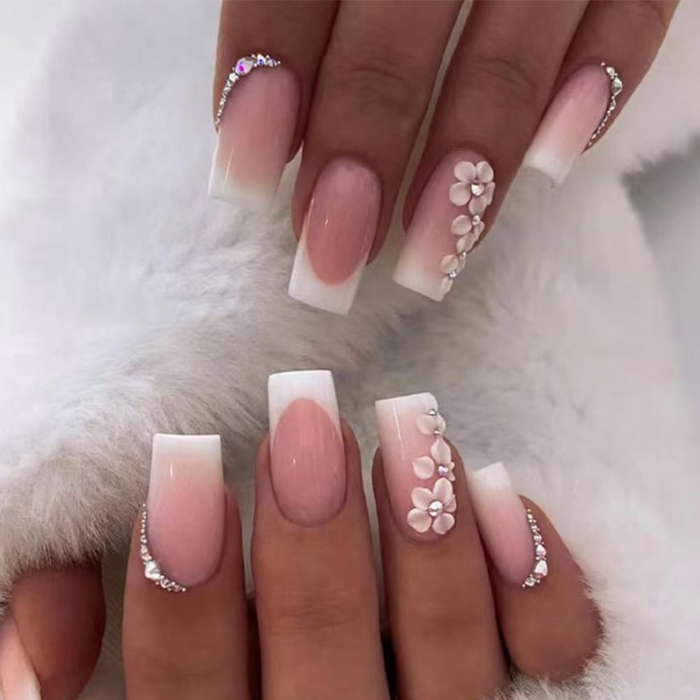 WAFOLOZE Nails Press ons.White Ombre Short Square Press on Nails Fake Nails Glossy Acrylic Artificial Nails Stick on Nails for Women 24Pcs : Beauty & Personal Care
