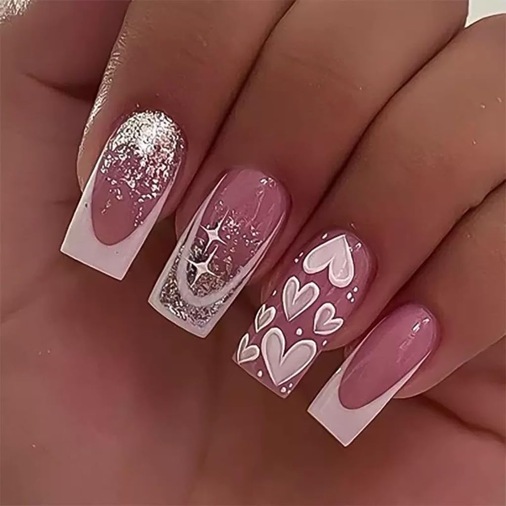 CTTHNBD Medium Press on Nails Coffin - Black French Tip Fake Nails with Bow Charms Design - Heart False Nails Press ons - for Women 24 Pcs : Beauty & Personal Care