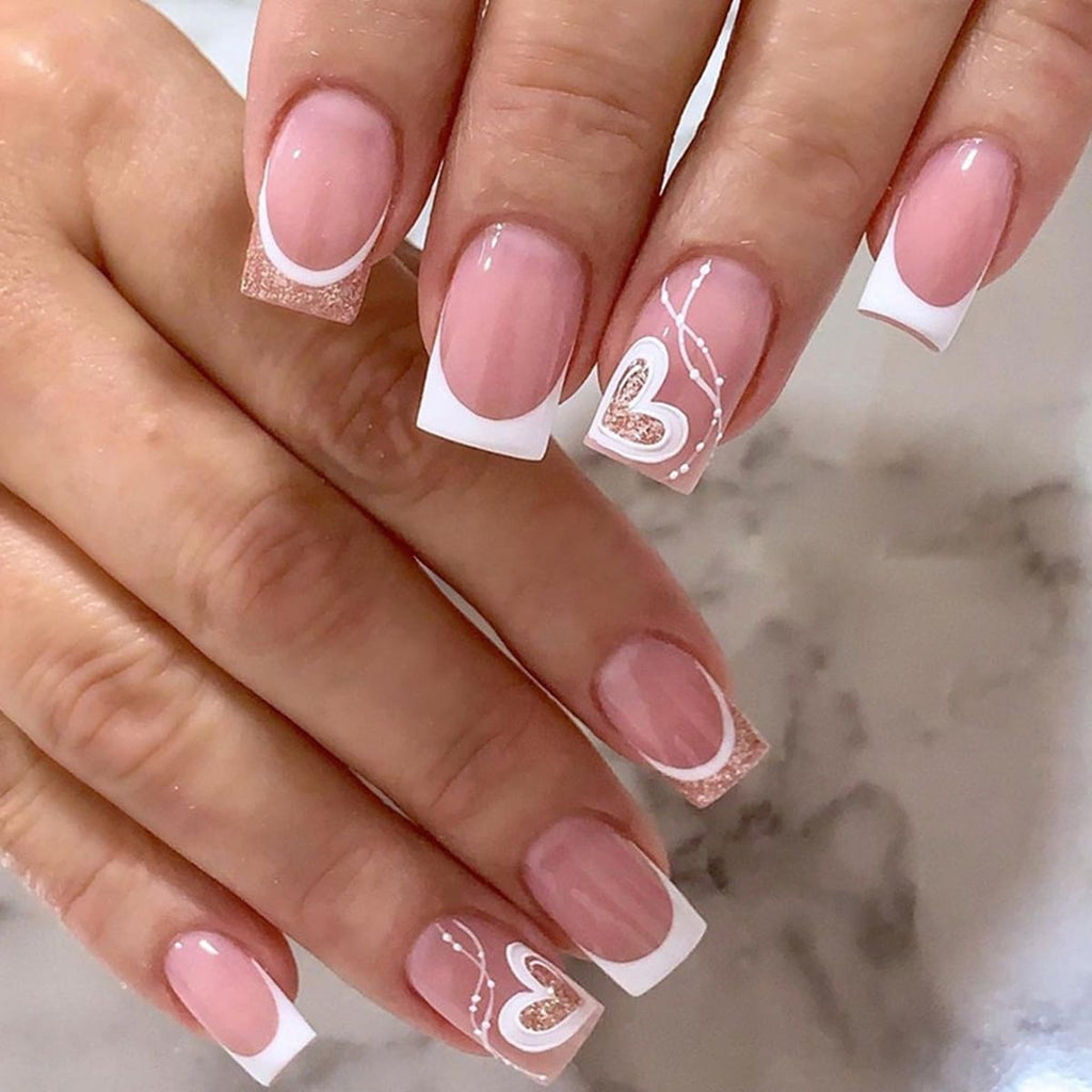 6 Packs (144 Pcs) Press on Nails Square - Short. Medium Nails Press ons - French Tip Fake Nails with Flower Design - for Women 12 Sizes-6 Styles : Beauty & Personal Care