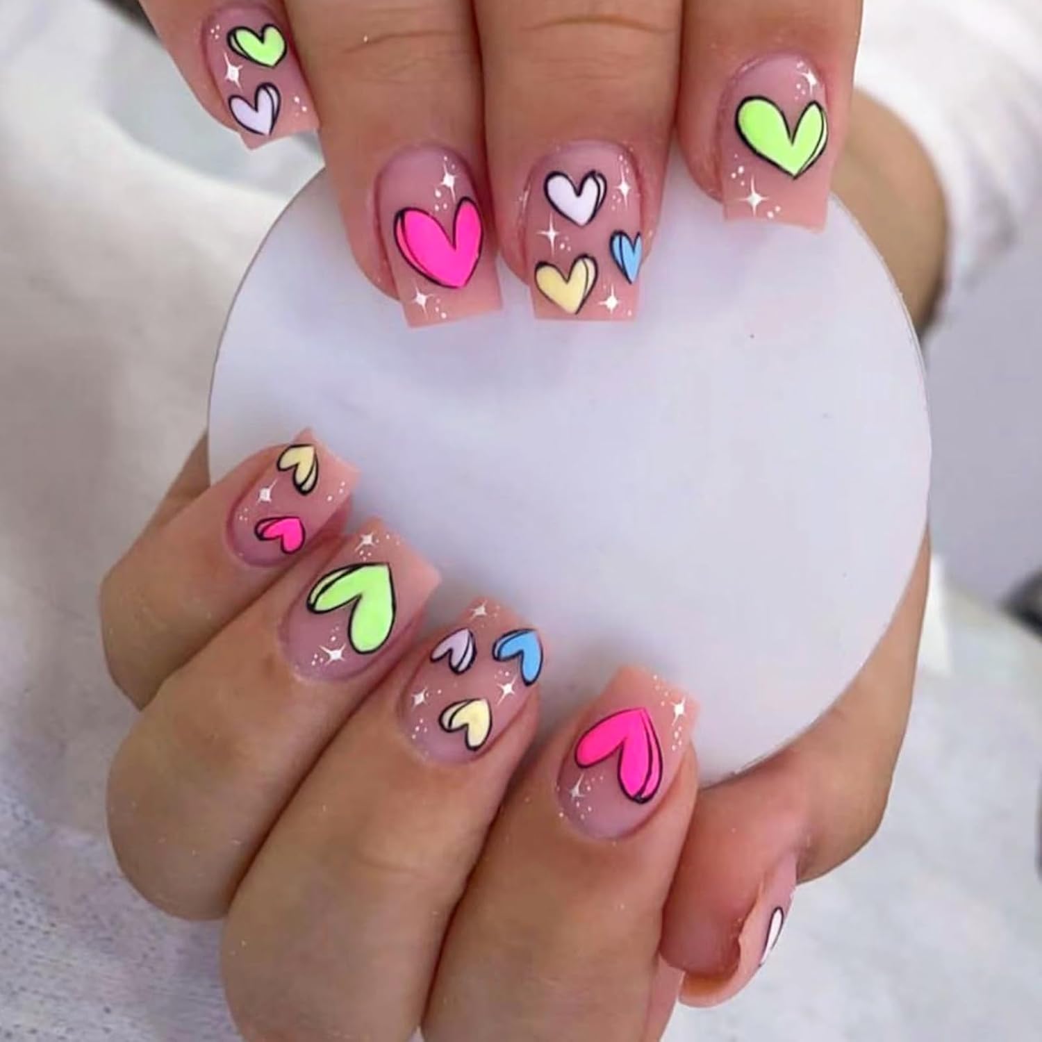 YOSOMMK Press on Nails Short Square Fake Nails with Flower Designs Nude Pink Glossy Full Cover Stick on Nail Bling Sequins Acylic Nail for Women and Girls : Beauty & Personal Care