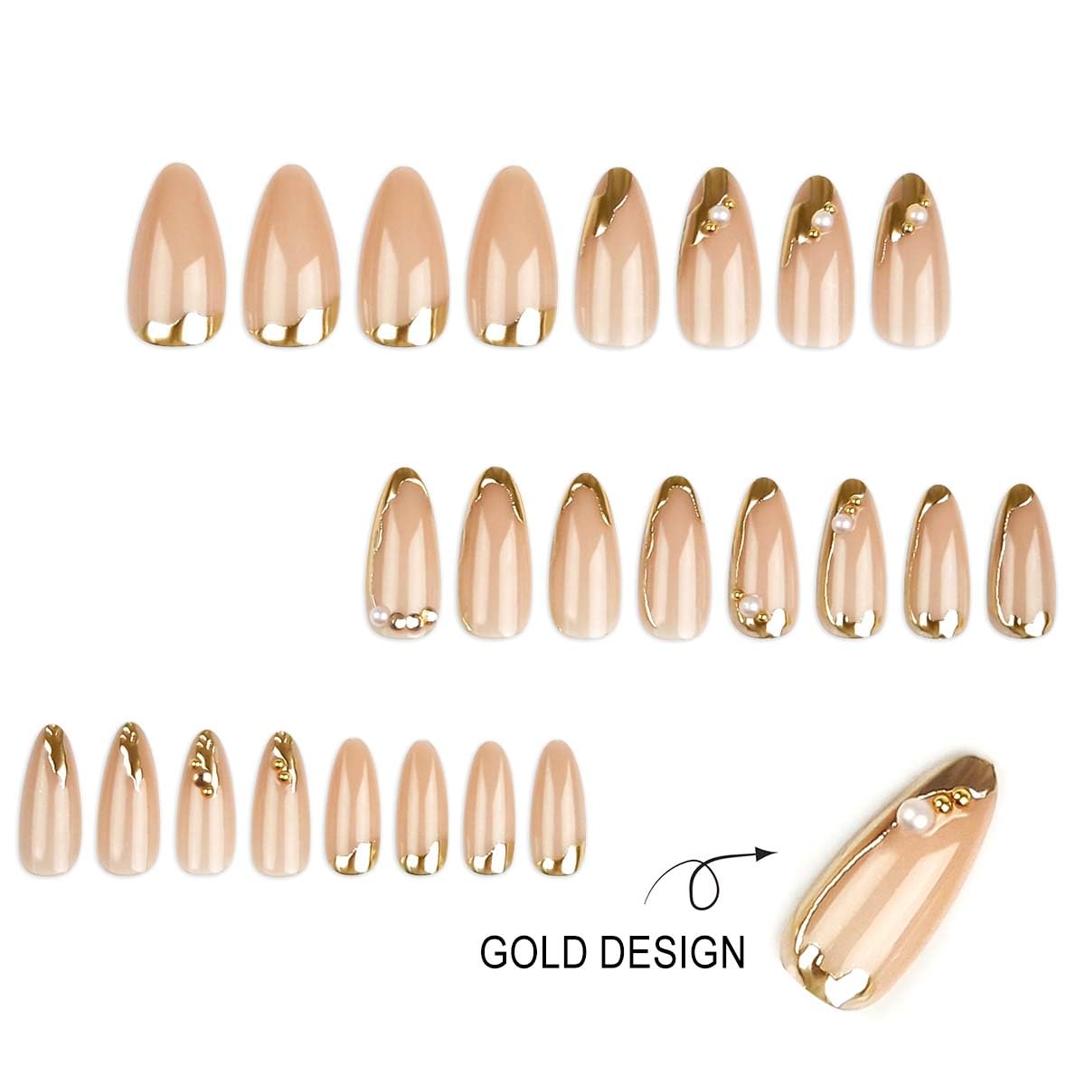 CTTHNBD Press on Nails Almond - French Tip Fake Nails with Gold Line Design - Medium Fasle Nails Press ons - for Women 24 Pcs : Beauty & Personal Care