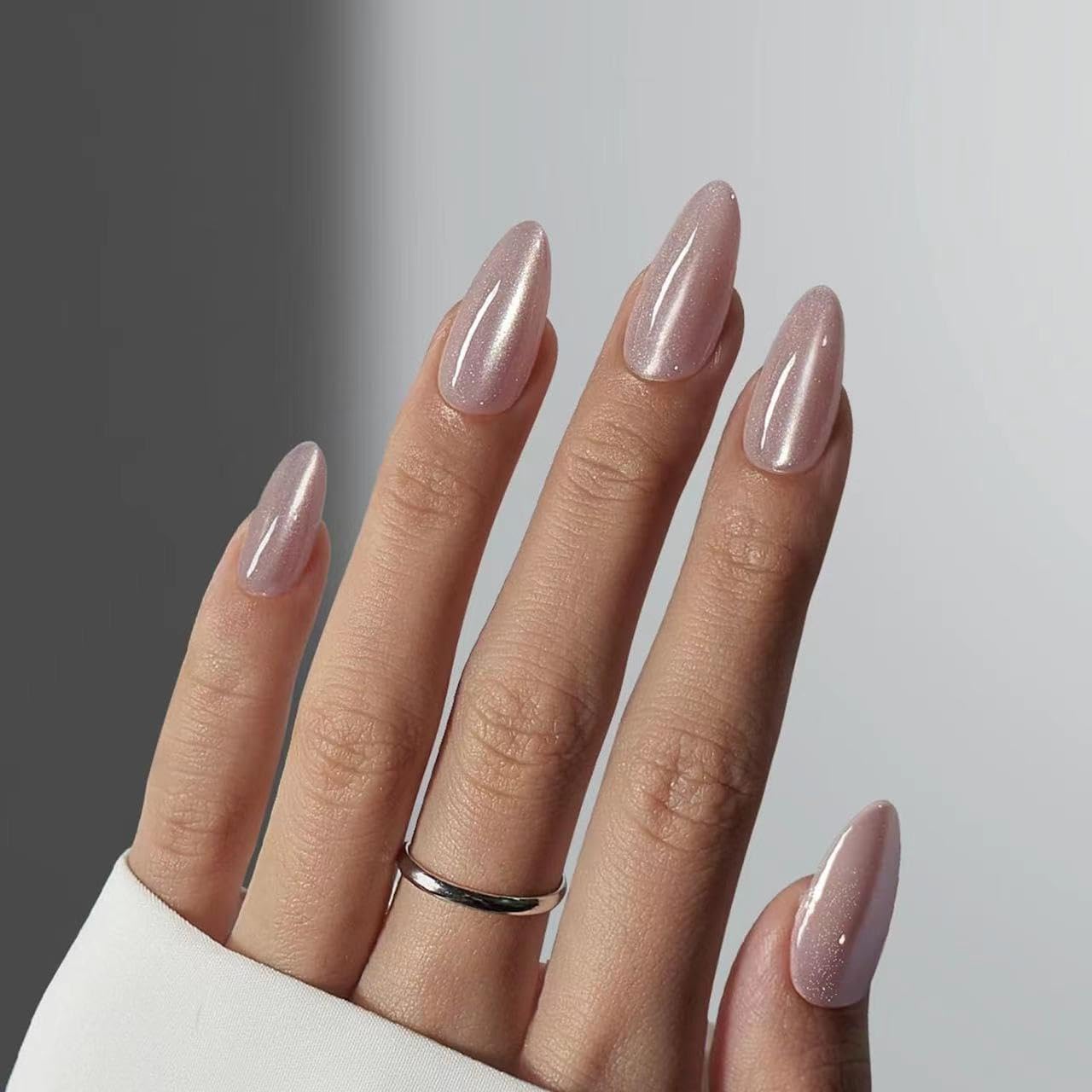 CTTHNBD Press on Nails Almond - French Tip Fake Nails with Gold Line Design - Medium Fasle Nails Press ons - for Women 24 Pcs : Beauty & Personal Care