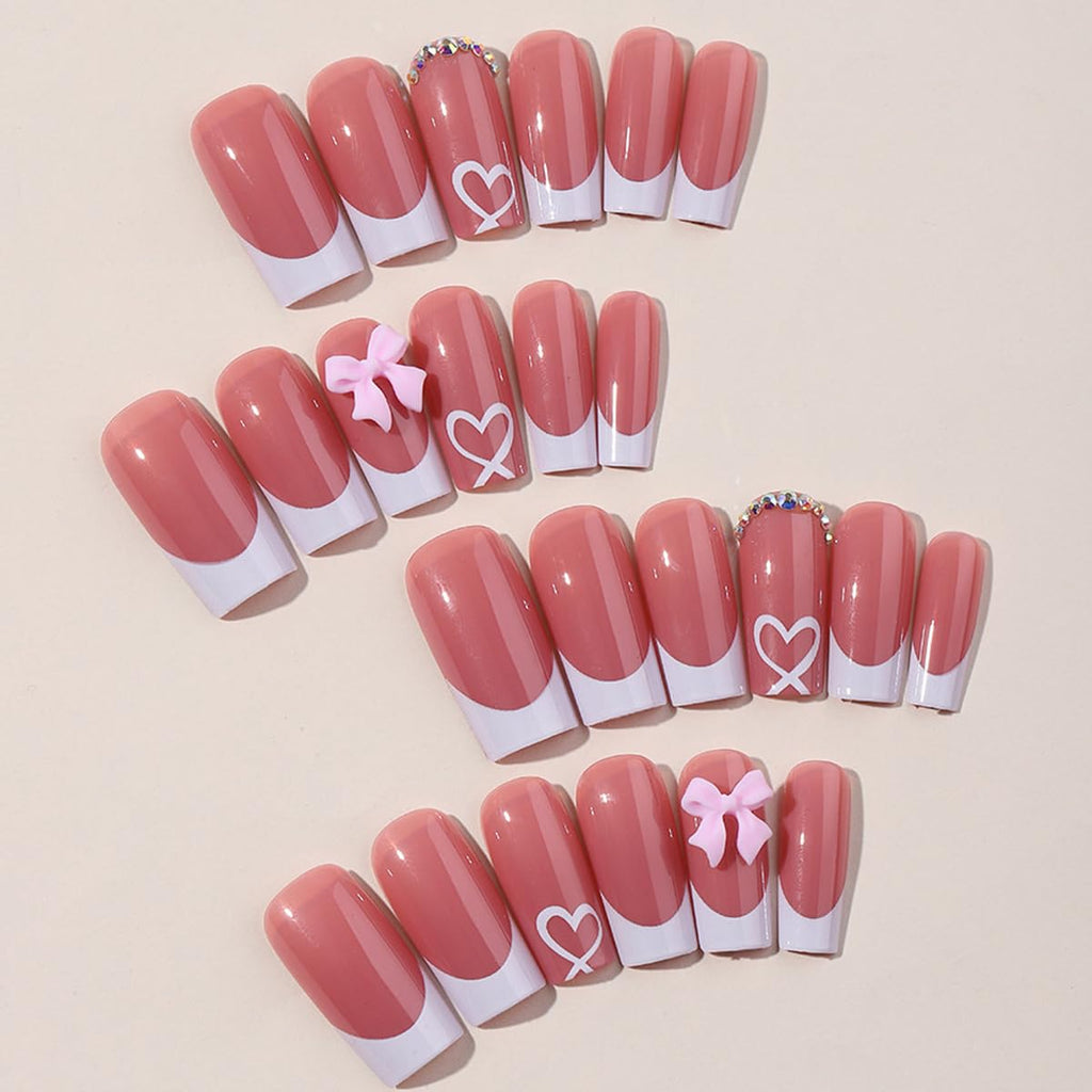 YKZFUI French Tip Press on Nails with Charms. Medium. Cute Bow. Long Square Shape. Acrylic Fake Stick On Nails with Heart and Rhinestones for Women Daily Wear. White : Beauty & Personal Care