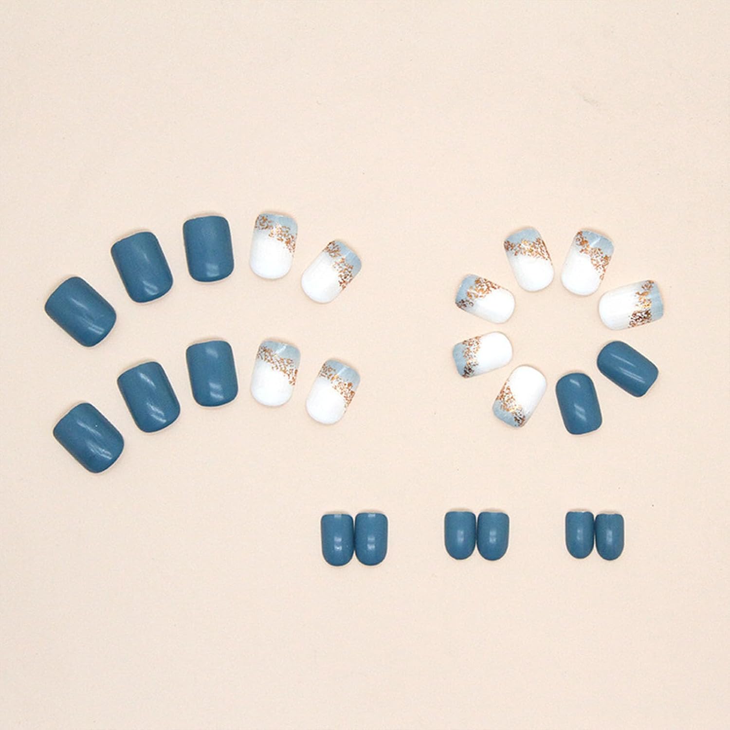 Square Press on Nails Short Sea Blue Fake Nails Glossy Acrylic Nails Press ons Full Cover False Nails with Golden Glitter Designs Glue Stick on Nails for Women Girls 24 Pcs : Beauty & Personal Care