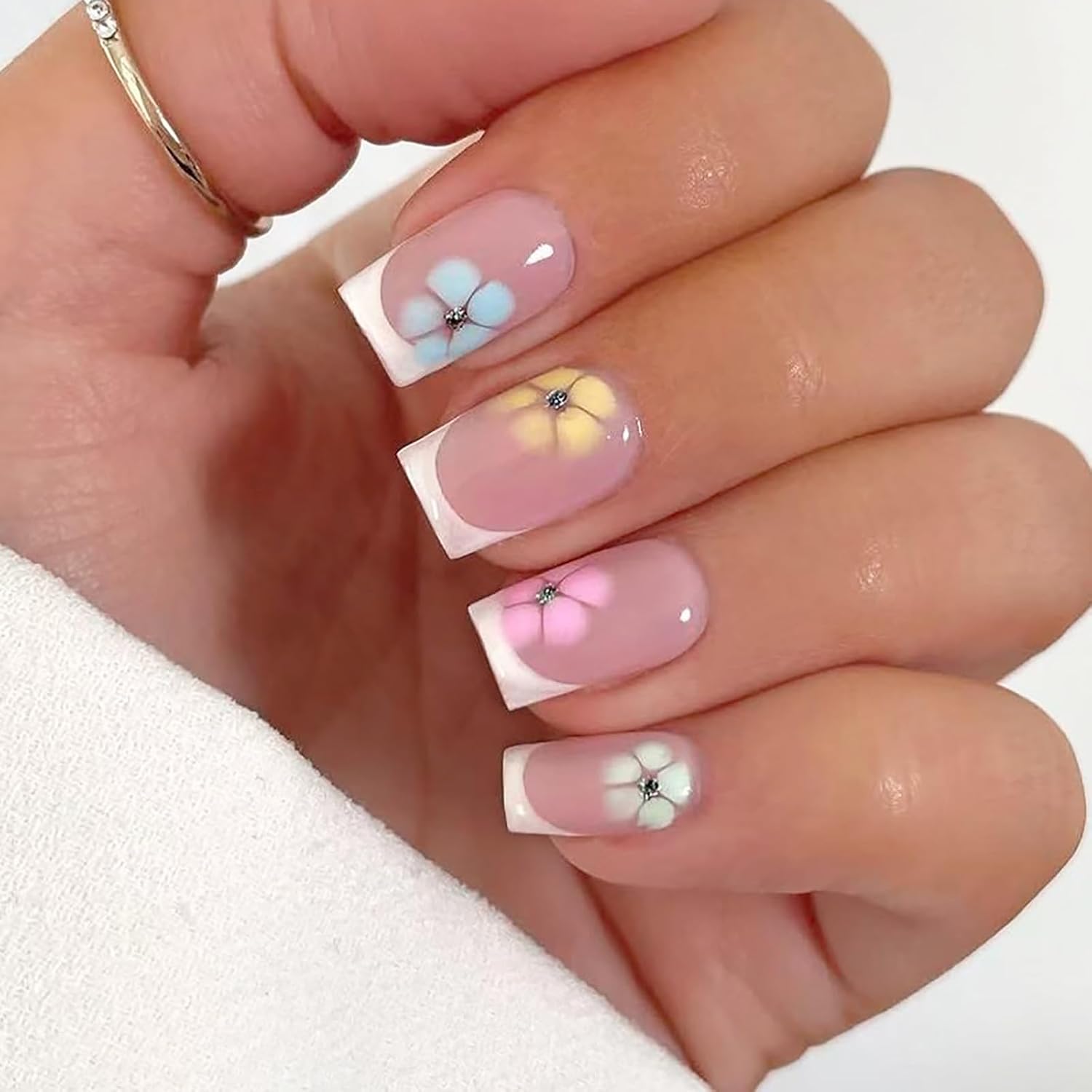 24Pcs Colorful Flower Press-On Nails - Short. Square. Fake. Spring-Summer Nail Art Set. Light Pink Acrylic. Full Cover Glossy False Nails for Women & Girls : Beauty & Personal Care