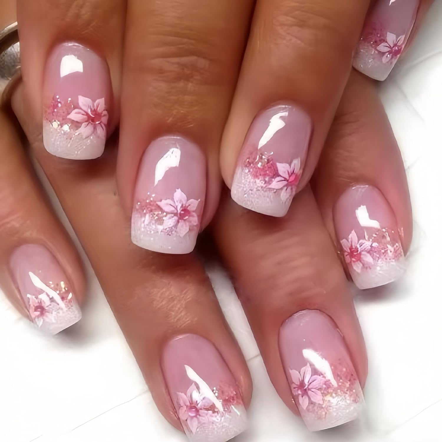 YOSOMMK Press on Nails Short Square Fake Nails with Flower Designs Nude Pink Glossy Full Cover Stick on Nail Bling Sequins Acylic Nail for Women and Girls : Beauty & Personal Care