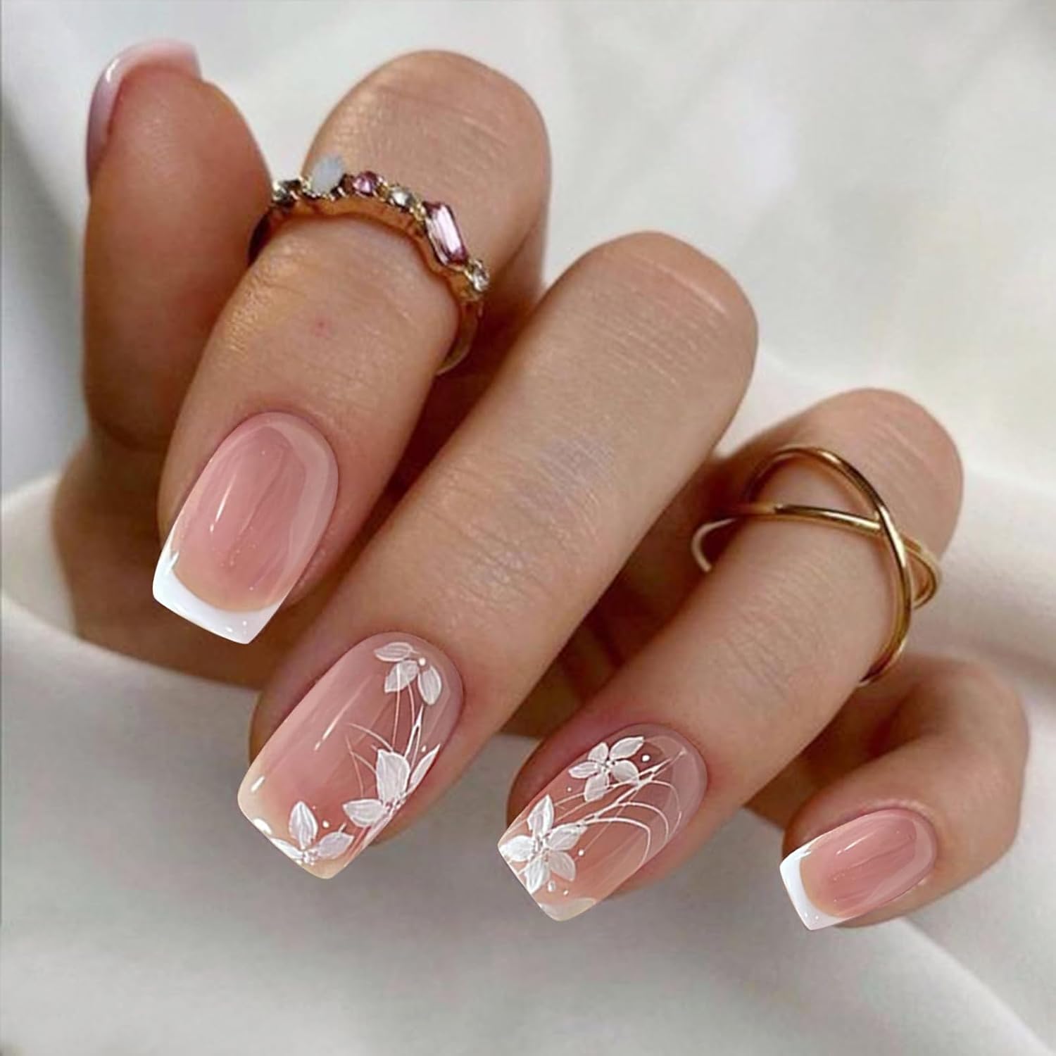 YOSOMMK Press on Nails Short Square Fake Nails with Flower Designs Nude Pink Glossy Full Cover Stick on Nail Bling Sequins Acylic Nail for Women and Girls : Beauty & Personal Care