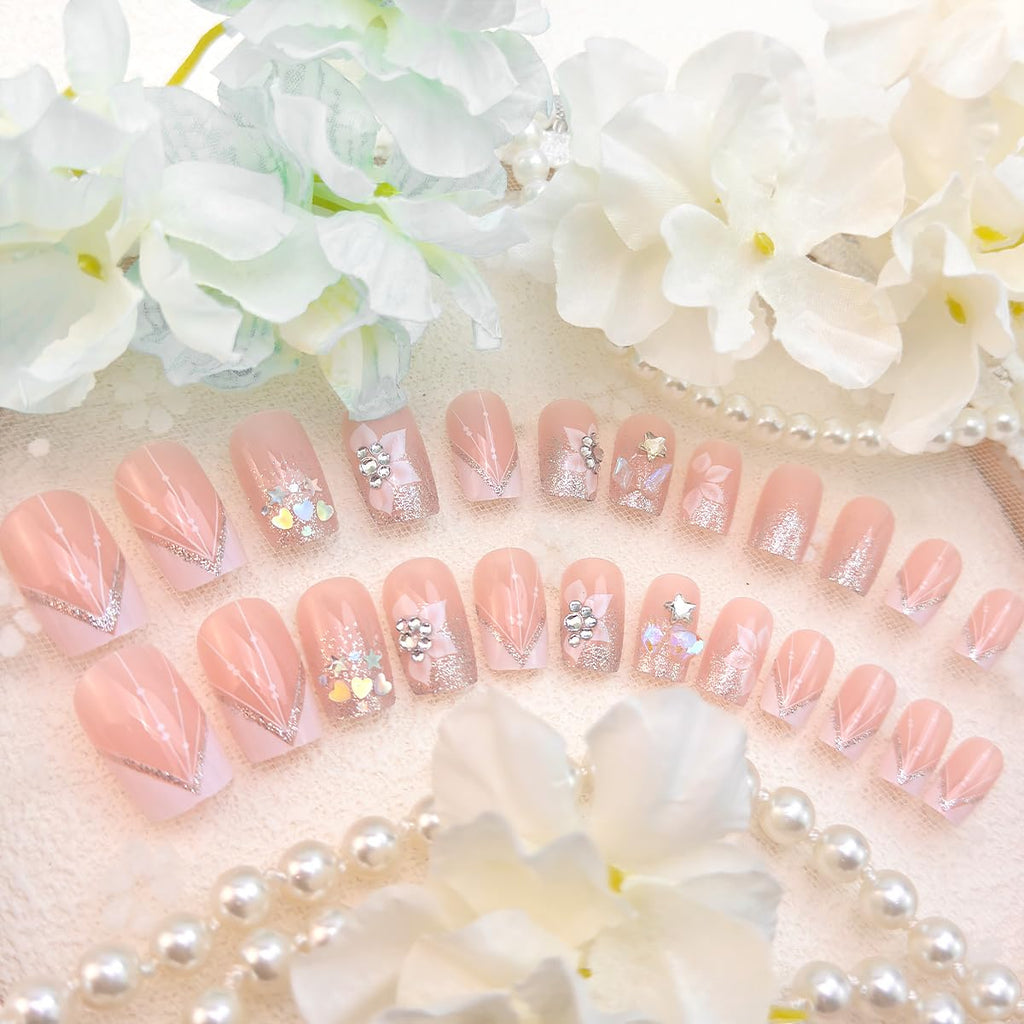 DZPGUONIZ 24pcs Short Square Press on Nails French Tip Fake Nails White Flower with Star Design Glitter False Nails Luxury Nail Charms Crafts White Stripes Glue on Nails for Women Manicure Tips : Beauty & Personal Care