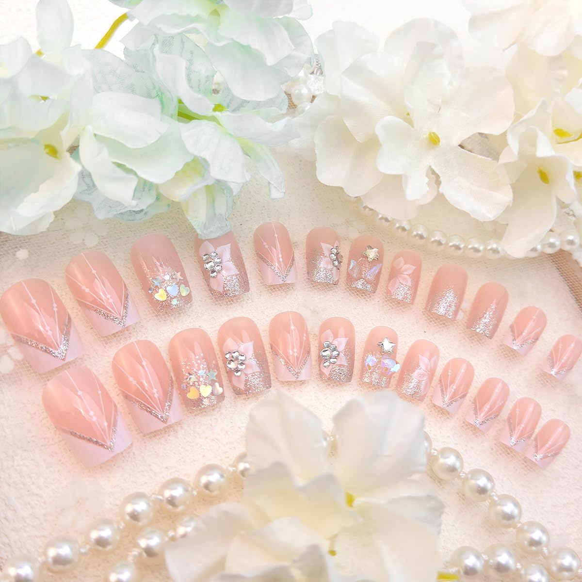 DZPGUONIZ 24pcs Short Square Press on Nails French Tip Fake Nails White Flower with Star Design Glitter False Nails Luxury Nail Charms Crafts White Stripes Glue on Nails for Women Manicure Tips : Beauty & Personal Care