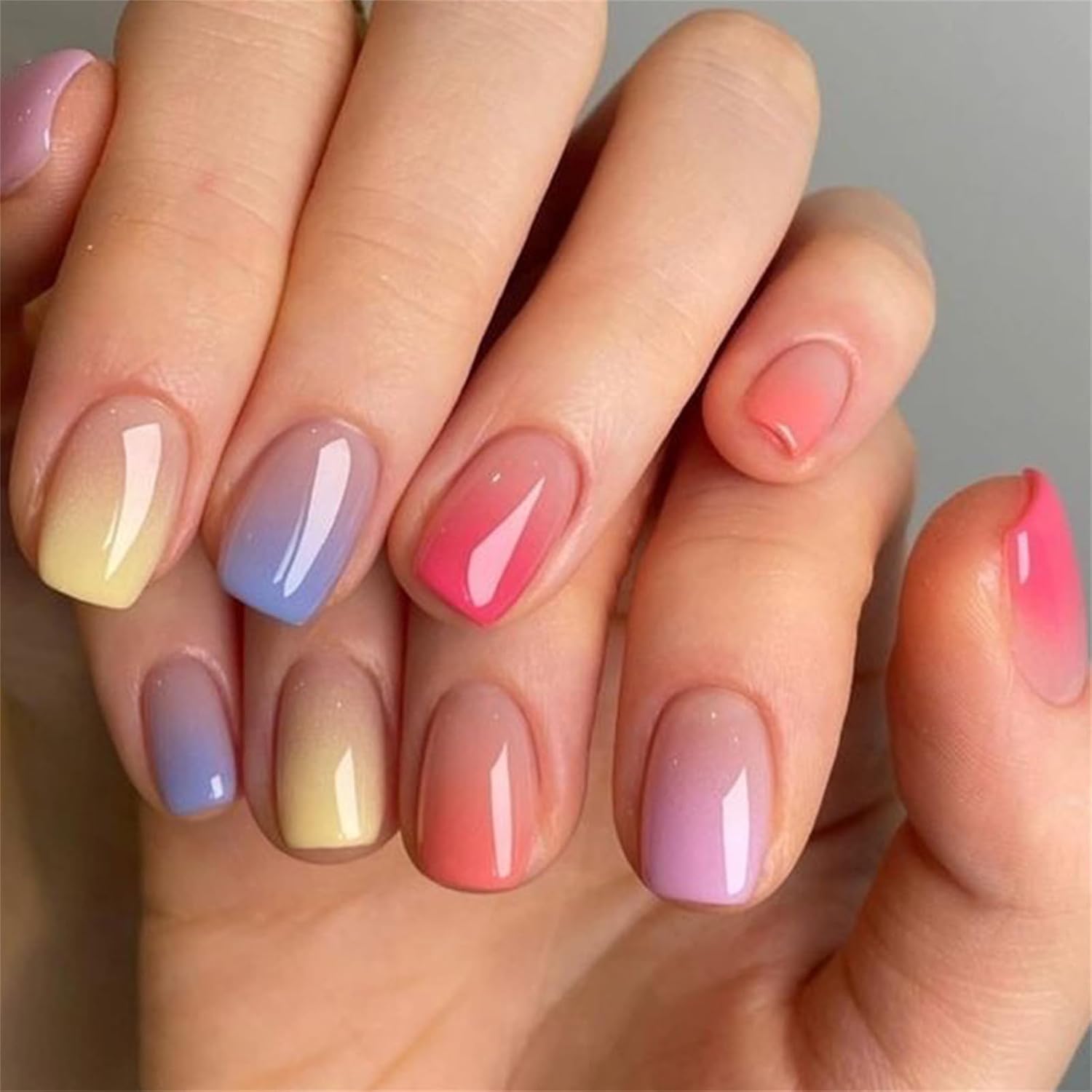 YOSOMMK Press on Nails Short Square Fake Nails with Flower Designs Nude Pink Glossy Full Cover Stick on Nail Bling Sequins Acylic Nail for Women and Girls : Beauty & Personal Care