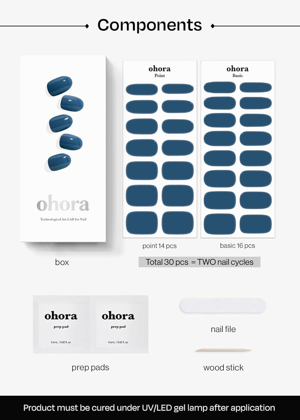 ohora Semi Cured Gel Nail Strips (N Cream Indigo) - Blue. Solid. Works with Any UV/LED Lamps. Salon-Quality. Long Lasting. Easy to Apply & Remove - Includes 2 Prep Pads. Nail File & Wooden Stick : Beauty & Personal Care