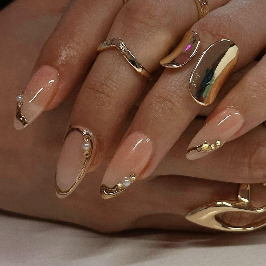 CTTHNBD Press on Nails Almond - French Tip Fake Nails with Gold Line Design - Medium Fasle Nails Press ons - for Women 24 Pcs : Beauty & Personal Care