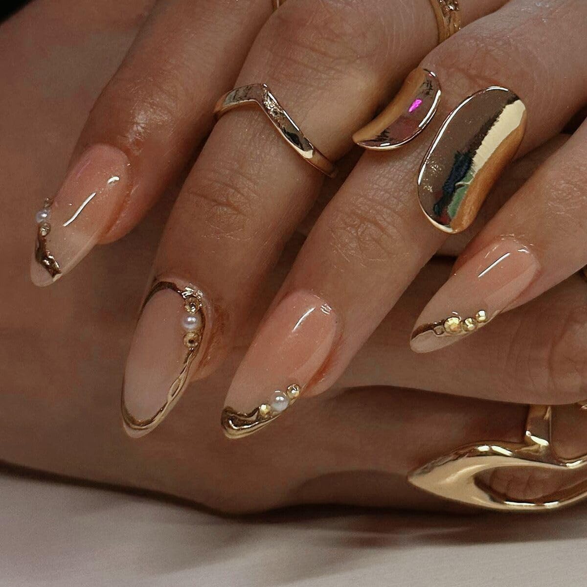CTTHNBD Press on Nails Almond - French Tip Fake Nails with Gold Line Design - Medium Fasle Nails Press ons - for Women 24 Pcs : Beauty & Personal Care