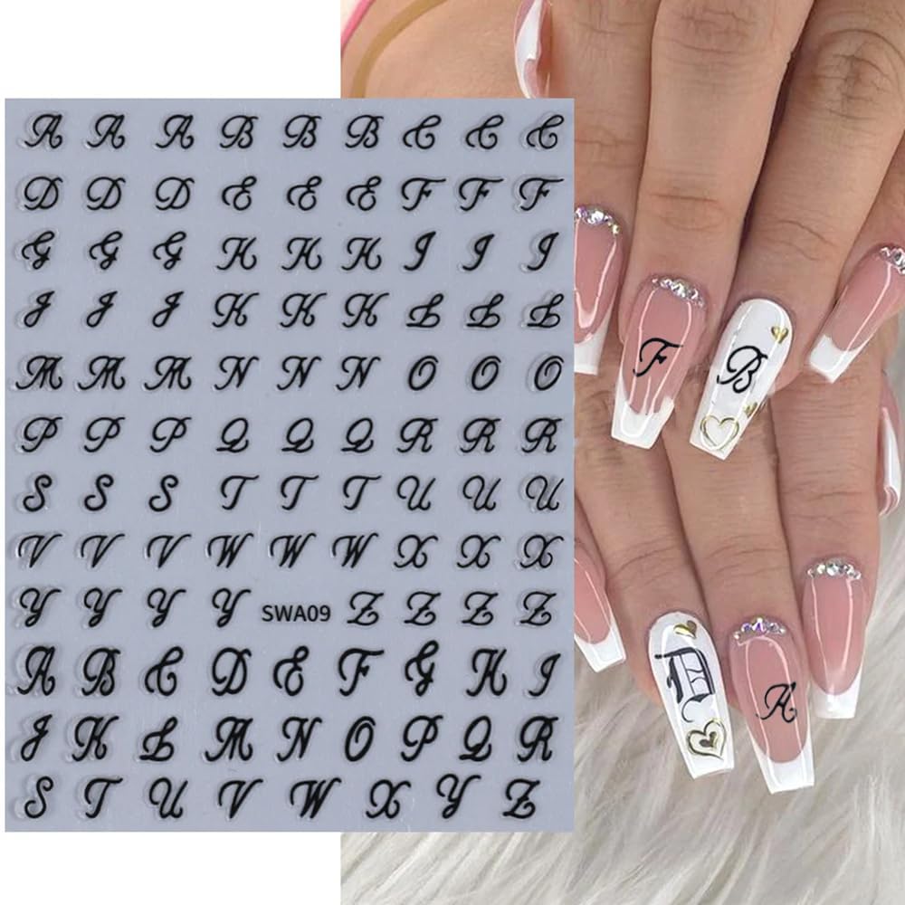 Letter Nail Stickers. 8 Sheets Old English Letter Nail Decals 3D Self-Adhesive Gold Silver Black White Retro English Pattern Old Alphabet Cursive Design Manicure Nail Accessories for Women Girls : Beauty & Personal Care