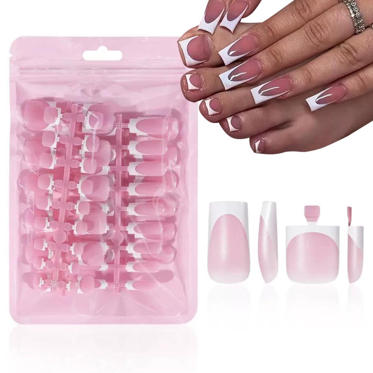 NHIXK 60Pcs White French Tip Press on Nails & Press on Toenails Set. Square Press on Nails Medium Fake Nails French False Toenails Full Cover Stick on Nails for Women Manicure Kit : Beauty & Personal Care