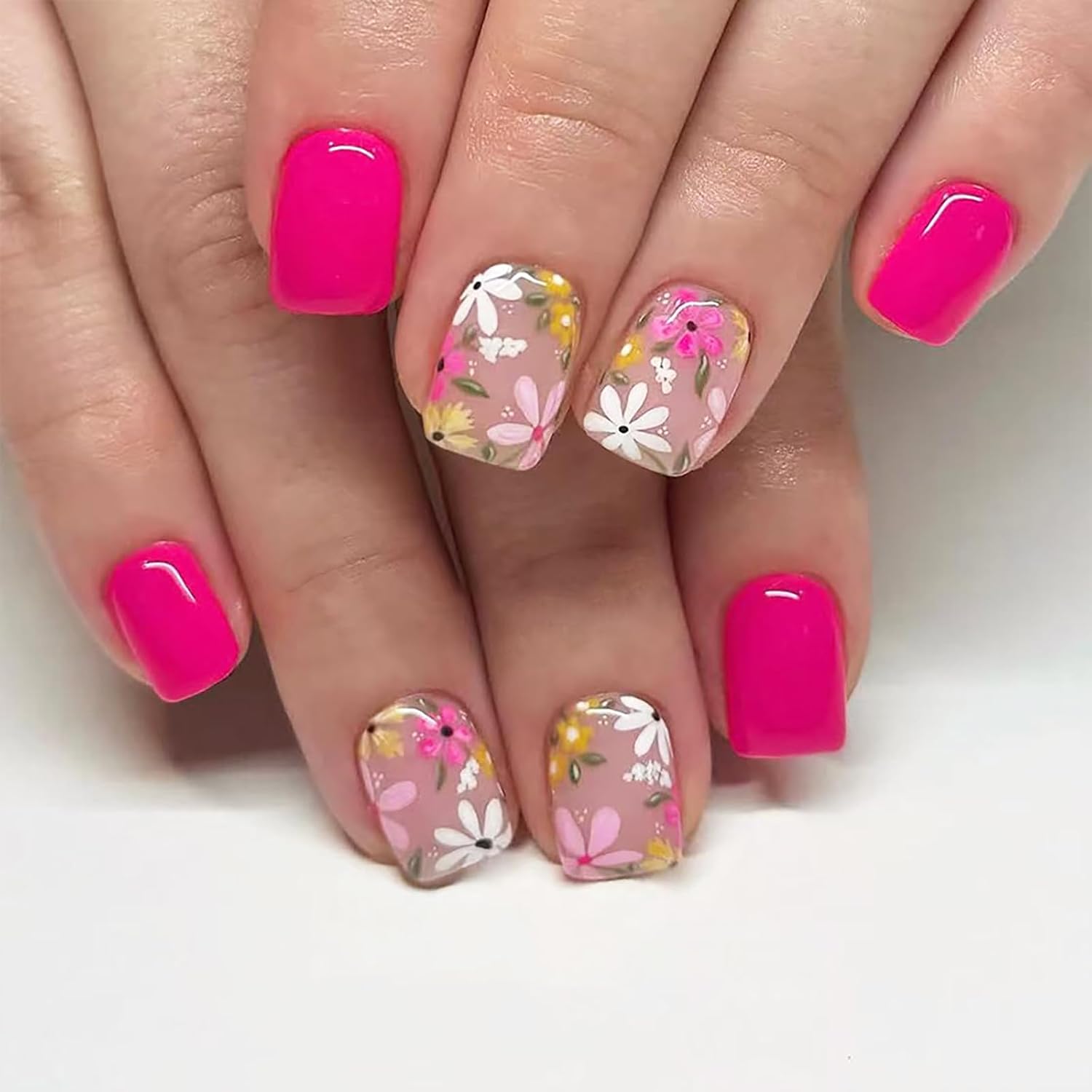 24Pcs Colorful Flower Press-On Nails - Short. Square. Fake. Spring-Summer Nail Art Set. Light Pink Acrylic. Full Cover Glossy False Nails for Women & Girls : Beauty & Personal Care