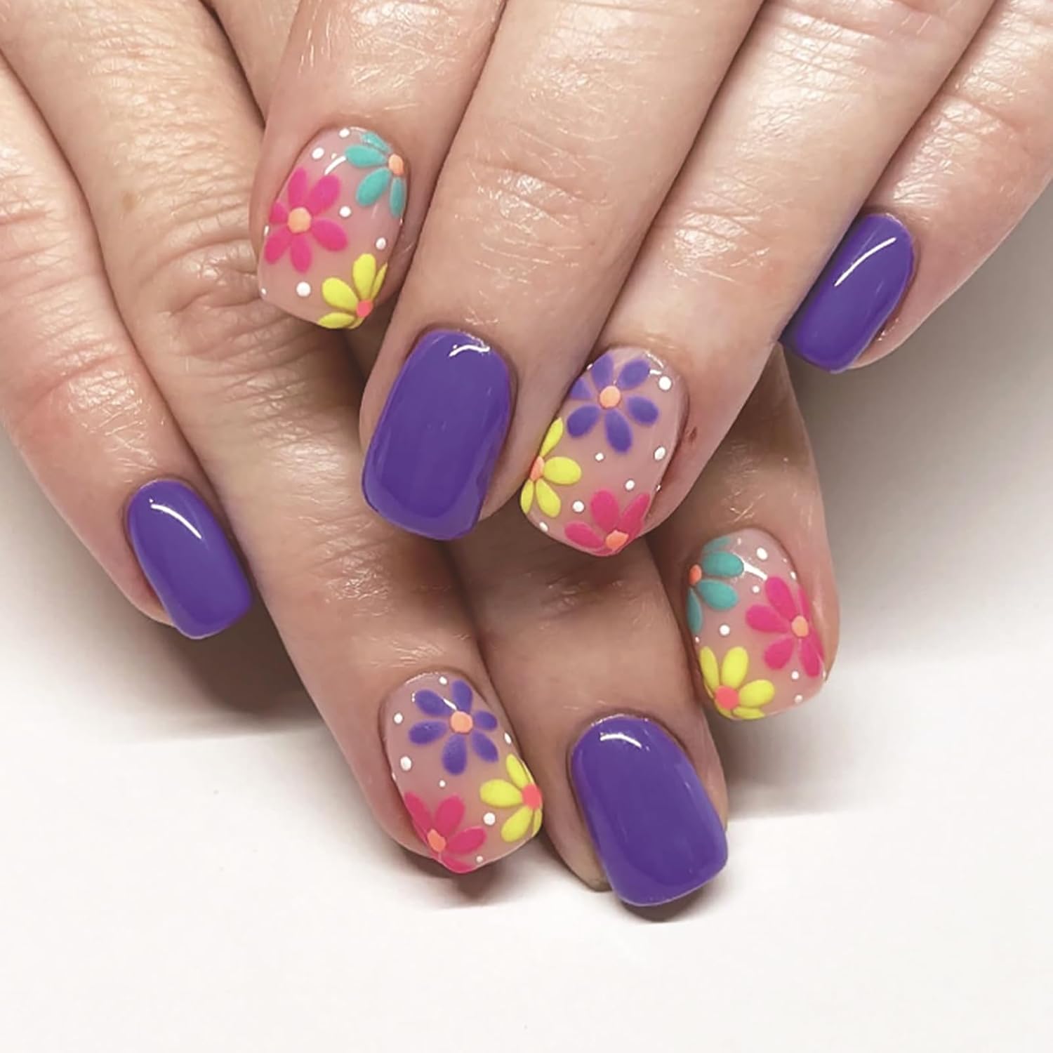 24Pcs Colorful Flower Press-On Nails - Short. Square. Fake. Spring-Summer Nail Art Set. Light Pink Acrylic. Full Cover Glossy False Nails for Women & Girls : Beauty & Personal Care