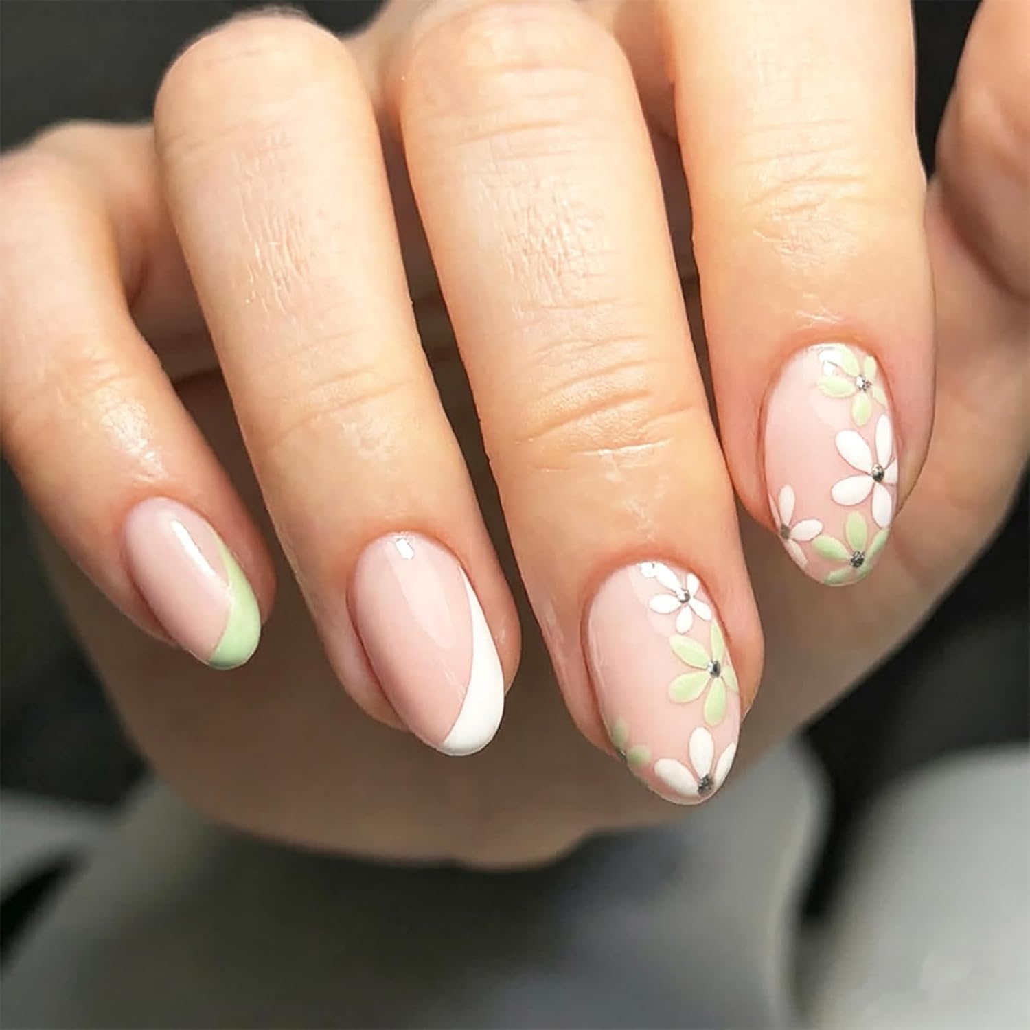 24Pcs Colorful Flower Press-On Nails - Short. Square. Fake. Spring-Summer Nail Art Set. Light Pink Acrylic. Full Cover Glossy False Nails for Women & Girls : Beauty & Personal Care