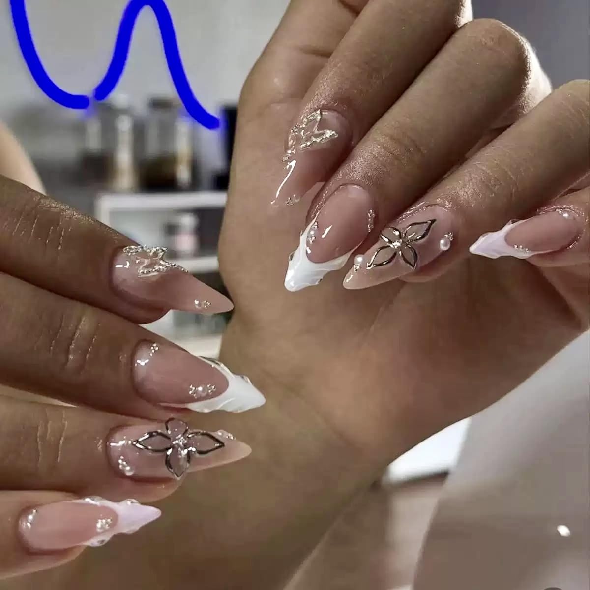 CTTHNBD Press on Nails Almond - French Tip Fake Nails with Gold Line Design - Medium Fasle Nails Press ons - for Women 24 Pcs : Beauty & Personal Care