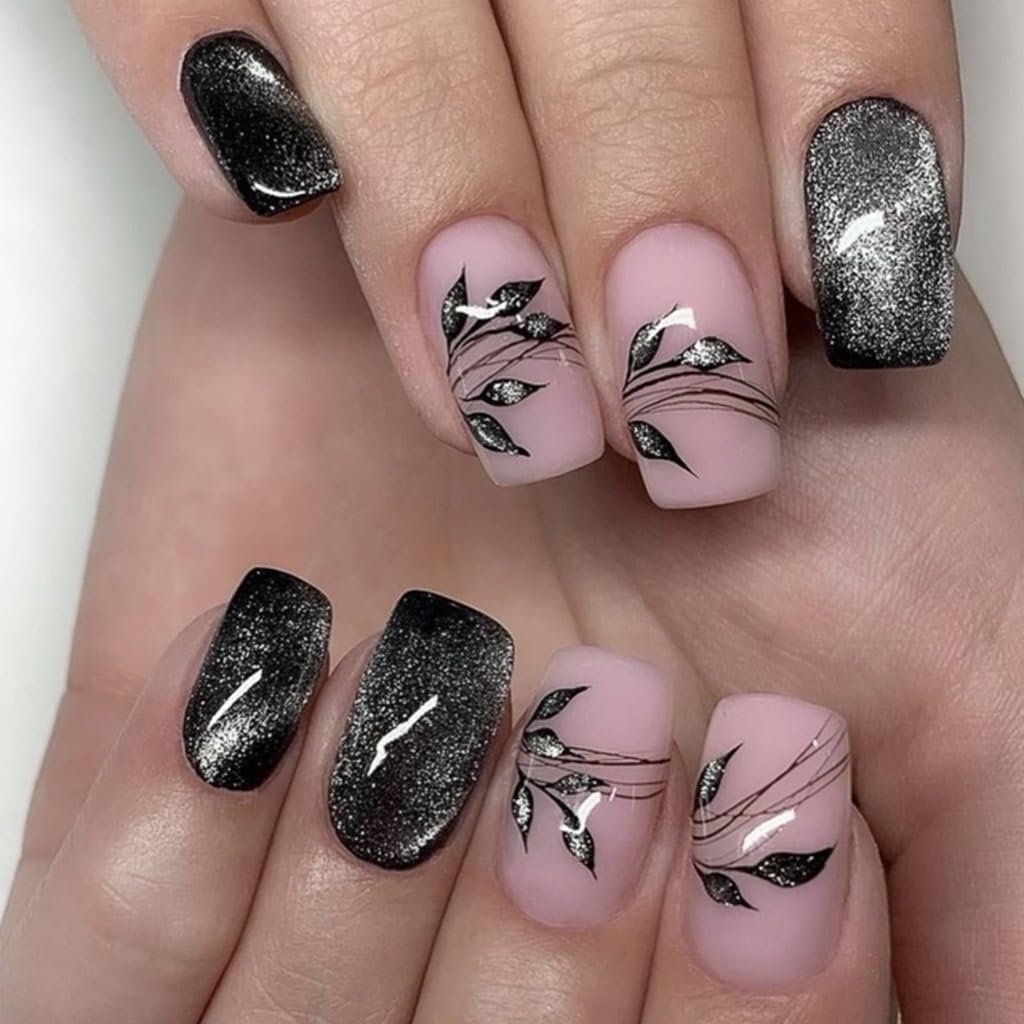 CTTHNBD Medium Press on Nails Coffin - Black French Tip Fake Nails with Bow Charms Design - Heart False Nails Press ons - for Women 24 Pcs : Beauty & Personal Care