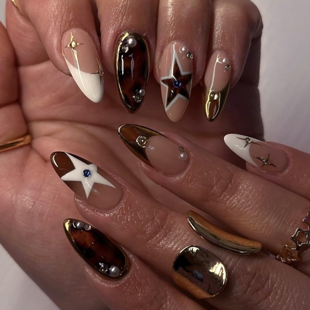 CTTHNBD Press on Nails Almond - French Tip Fake Nails with Gold Line Design - Medium Fasle Nails Press ons - for Women 24 Pcs : Beauty & Personal Care