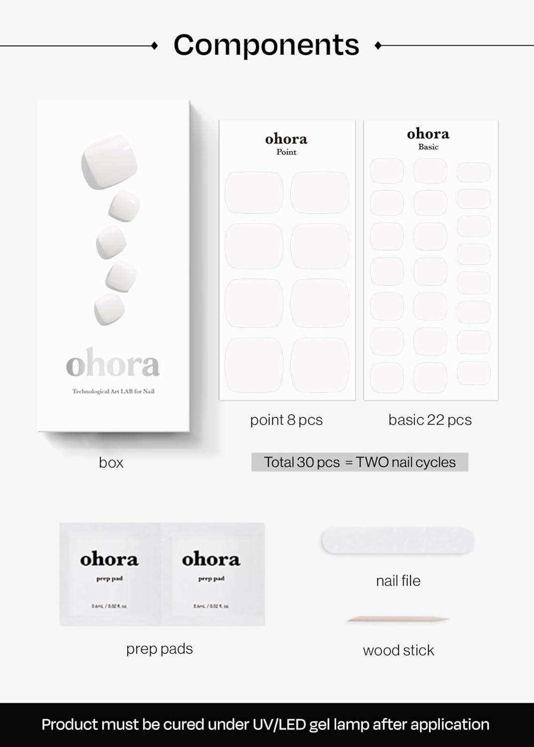 ohora Semi Cured Gel Pedi Strips (P Basic Pedicure no.3) - White. Solid. Works with UV/LED Lamps. Salon-Quality. Long Lasting. Easy to Apply & Remove - Includes 2 Prep Pads. Nail File & Wooden Stick : Beauty & Personal Care