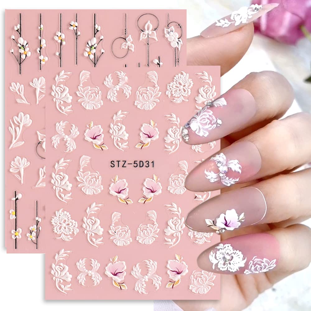 5D Spring Embossed Flower Nail Art Stickers 4 Sheets JMEOWIO Real Self-Adhesive Decals Floral Design Nail Decoration for Women Girls : Beauty & Personal Care